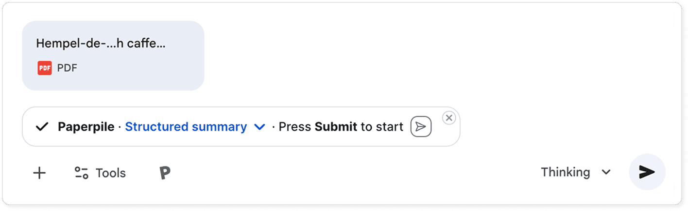 A ChatGPT tab with an uploaded PDF attachment and a Paperpile chip reading “Structured summary · Press Submit to start” above the message box.